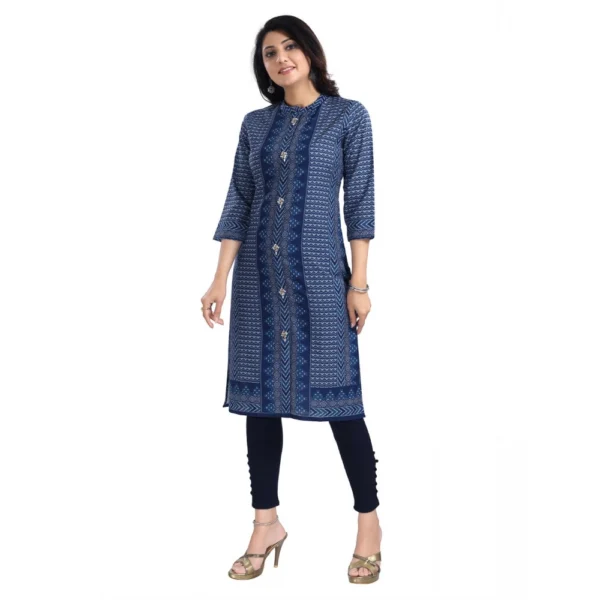 Women's 3/4th Sleeve Cotton Blend Tunic Long Kurti (Blue)