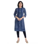 Women's 3/4th Sleeve Cotton Blend Tunic Long Kurti (Blue)
