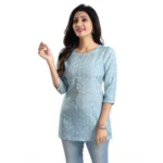 Women's 3/4th Sleeve Viscose Blend Tunic Short Top (Blue)