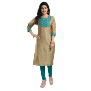 Women's 3/4th Sleeve Silk Blend Tunic Long Kurti (Beige)