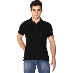 Men's Half Sleeve Polo Collar Cotton T Shirt (Black)