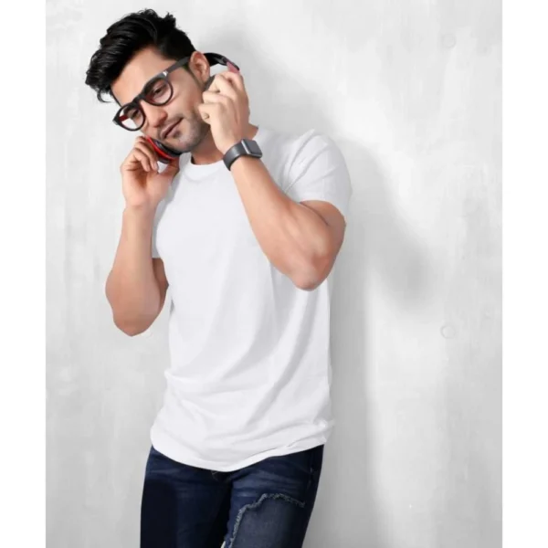 Men's Half Sleeve Round Neck Polyester T Shirt (White)