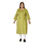 Women's Casual 3/4th Sleeve Ikkat Printed Pure Cotton Straight Kurti (Pista Green)