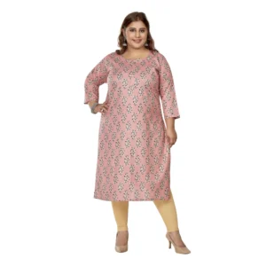 Women's Casual 3/4th Sleeve Golden Foil Printed Pure Cotton Straight Kurti (Corel Pink)