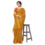 Women's Cotton Blend Stripe Pattern Sarees (Mustard, 5-6 Mtrs)