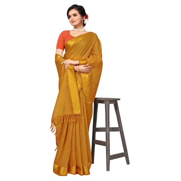 Women's Cotton Blend Stripe Pattern Sarees (Mustard, 5-6 Mtrs)