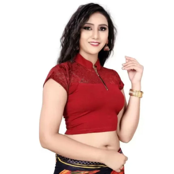 Women's Short Sleeve Cotton Lycra Readymade Blouse (Maroon, Free Size)