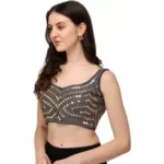 Women's Embriodered Cotton Lycra Padded Readymade Blouse (Navy Blue, Free Size)