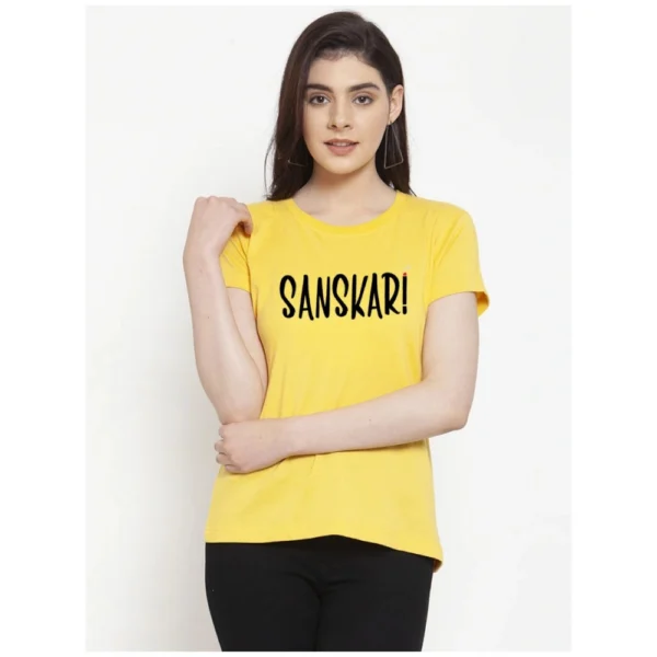 Women's Cotton Blend Sanskari Printed T-Shirt (Yellow)