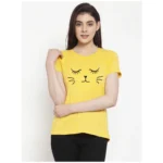 Women's Cotton Blend Graphic Cat Printed T-Shirt (Yellow)