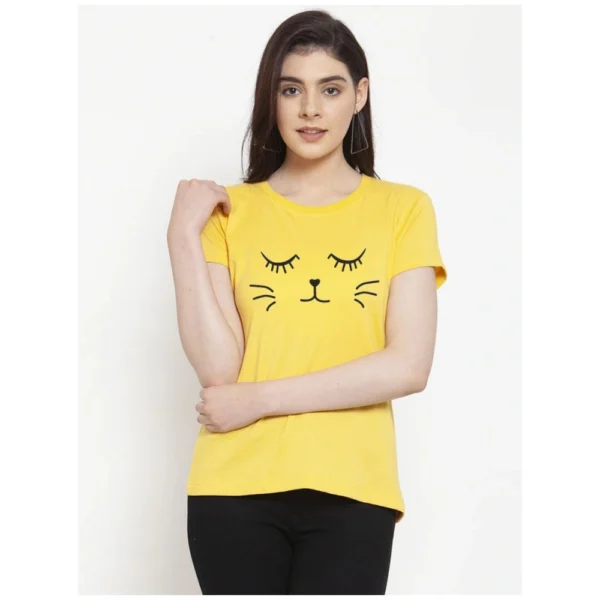 Women's Cotton Blend Graphic Cat Printed T-Shirt (Yellow)