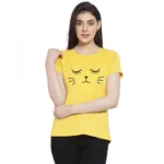 Women's Cotton Blend Graphic Cat Printed T-Shirt (Yellow)