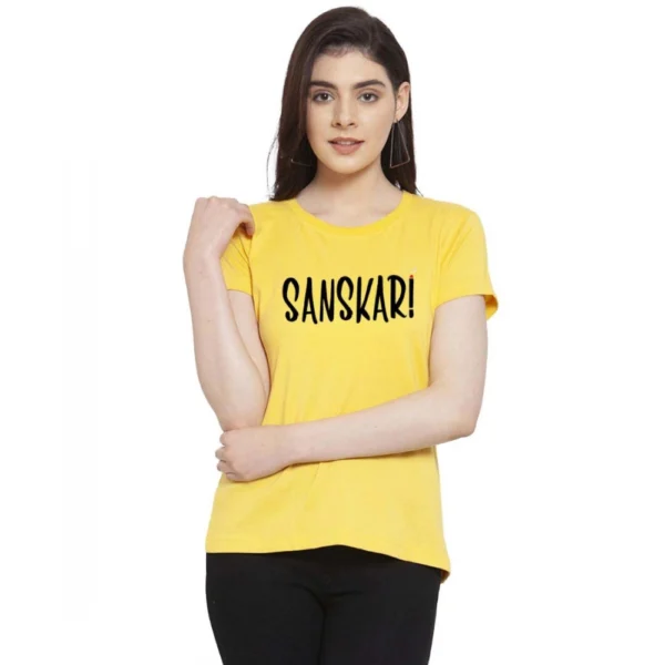 Women's Cotton Blend Sanskari Printed T-Shirt (Yellow)