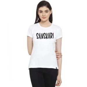 Women's Cotton Blend Sanskari Printed T-Shirt (White)
