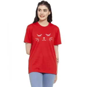 Women's Cotton Blend Graphic Cat Printed T-Shirt (Red)