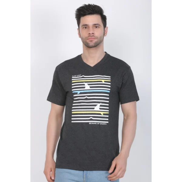 Men's Cotton Jersey V Neck Printed Tshirt (Charcoal Melange)