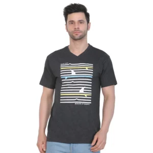 Men's Cotton Jersey V Neck Printed Tshirt (Charcoal Melange)