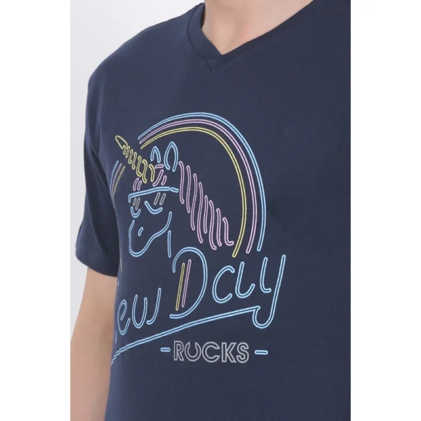 Men's Cotton Jersey V Neck Printed Tshirt (Navy)