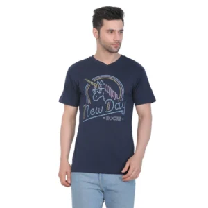 Men's Cotton Jersey V Neck Printed Tshirt (Navy)