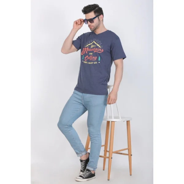 Men's Cotton Jersey V Neck Printed Tshirt (Blue Melange)