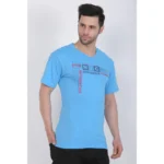 Men's Cotton Jersey V Neck Printed Tshirt (Turquoise Blue)
