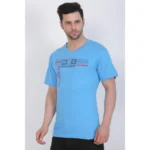 Men's Cotton Jersey V Neck Printed Tshirt (Turquoise Blue)