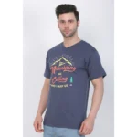 Men's Cotton Jersey V Neck Printed Tshirt (Blue Melange)