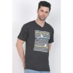 Men's Cotton Jersey V Neck Printed Tshirt (Charcoal Melange)