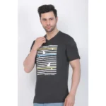 Men's Cotton Jersey V Neck Printed Tshirt (Charcoal Melange)