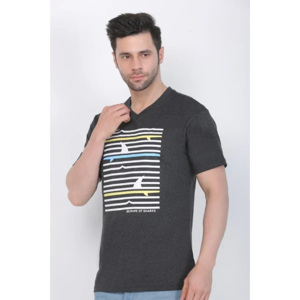 Men's Cotton Jersey V Neck Printed Tshirt (Charcoal Melange)