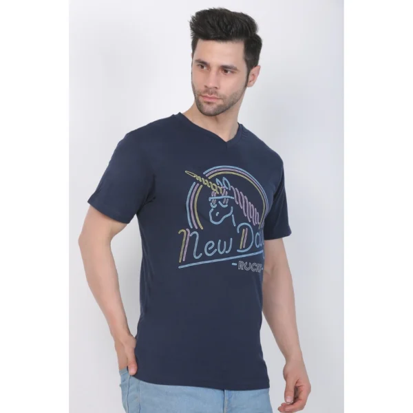 Men's Cotton Jersey V Neck Printed Tshirt (Navy)