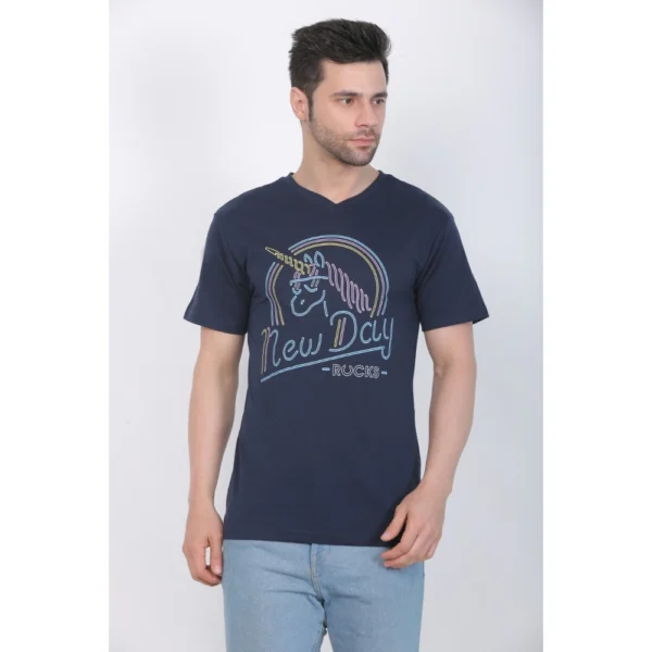 Men's Cotton Jersey V Neck Printed Tshirt (Navy)