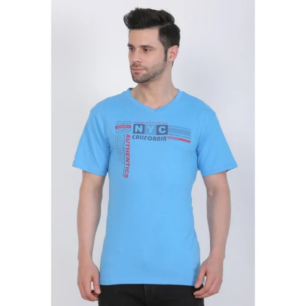 Men's Cotton Jersey V Neck Printed Tshirt (Turquoise Blue)