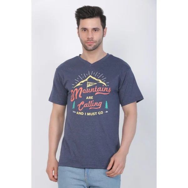 Men's Cotton Jersey V Neck Printed Tshirt (Blue Melange)