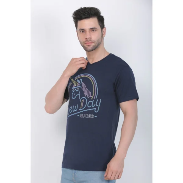 Men's Cotton Jersey V Neck Printed Tshirt (Navy)