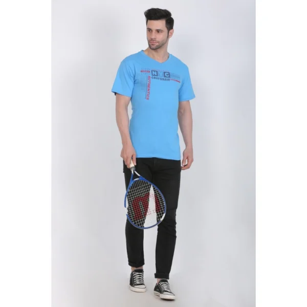 Men's Cotton Jersey V Neck Printed Tshirt (Turquoise Blue)
