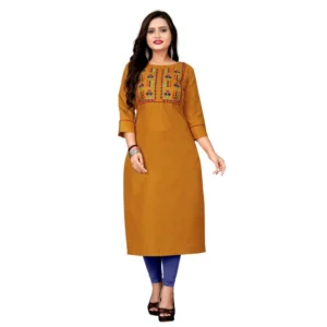Women's Cotton Embroidery Straight Kurti (Mustard Yellow)