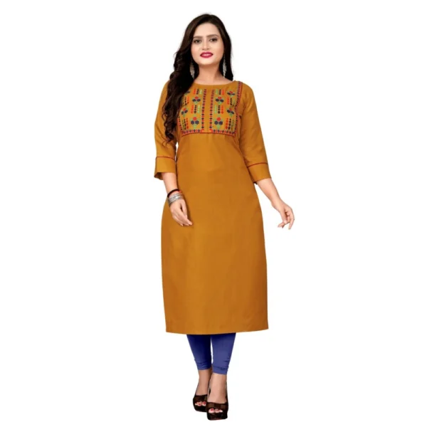 Women's Cotton Embroidery Straight Kurti (Mustard Yellow)