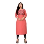 Women's Cotton Embroidery Straight Kurti (Peach)