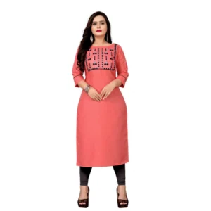 Women's Cotton Embroidery Straight Kurti (Peach)