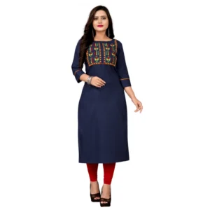 Women's Cotton Embroidery Straight Kurti (Navy Blue)