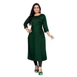 Women's Cotton Embroidery Straight Kurti (Dark Green)