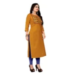 Women's Cotton Embroidery Straight Kurti (Mustard Yellow)