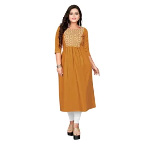Women's Cotton Embroidery Straight Kurti (Mustard Yellow)