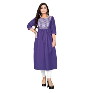 Women's Cotton Embroidery Straight Kurti (Purple)