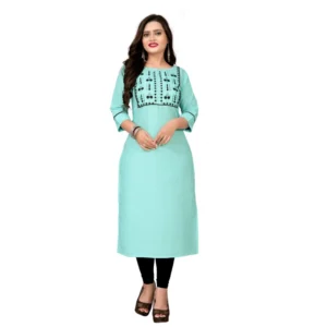 Women's Cotton Embroidery Straight Kurti (Light Blue)