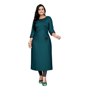 Women's Cotton Embroidery Straight Kurti (Blue)
