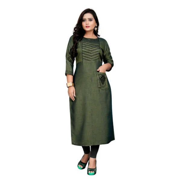 Women's Cotton Embroidery Straight Kurti (Green)