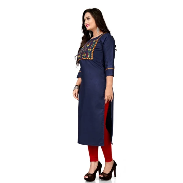 Women's Cotton Embroidery Straight Kurti (Navy Blue)