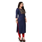 Women's Cotton Embroidery Straight Kurti (Navy Blue)
